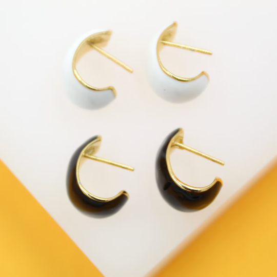 18k Gold Filled Black & White Enamel Dome Earrings